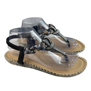 SIKETU Women’s Sandals 10 / EU 41 Black Gray Elastic Strap Braided Rhinestone